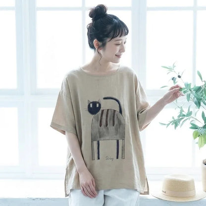 ねこと過ごす、風通しのいいコットンリネンTシャツ