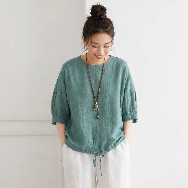 【ラクに着られる】S-4XL 綿麻 大人ナチュラル 心地よい 五分袖 ドルマンスリーブ Tシャツ