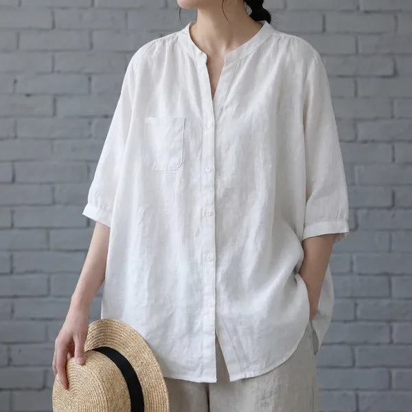 【綿麻】ゆったり シングルボタン 体型カバー 大人カジュアル レディース 半袖Tシャツ