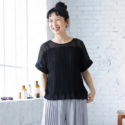 【単品注文】クルーネックバットスリーブ半袖トップスとプリーツワイドパンツセットアップ
