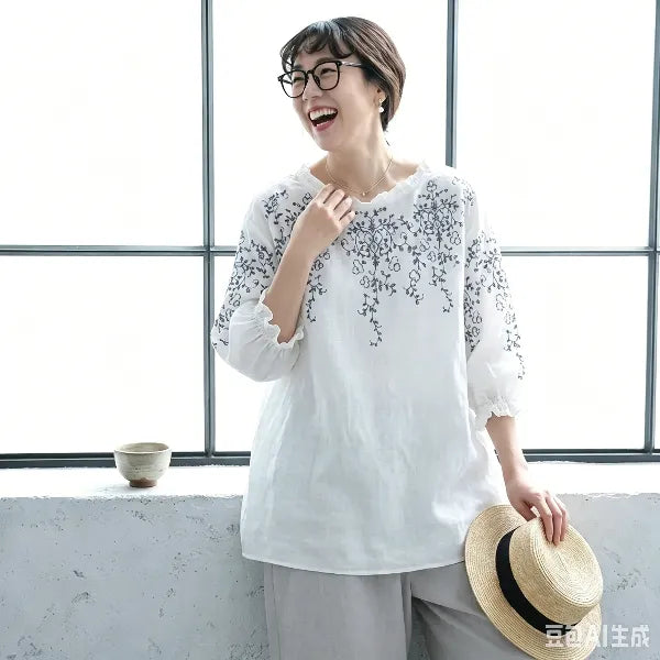 M-4XL 綿麻 ラウンドネック 五分袖 プリント 清新 Tシャツ