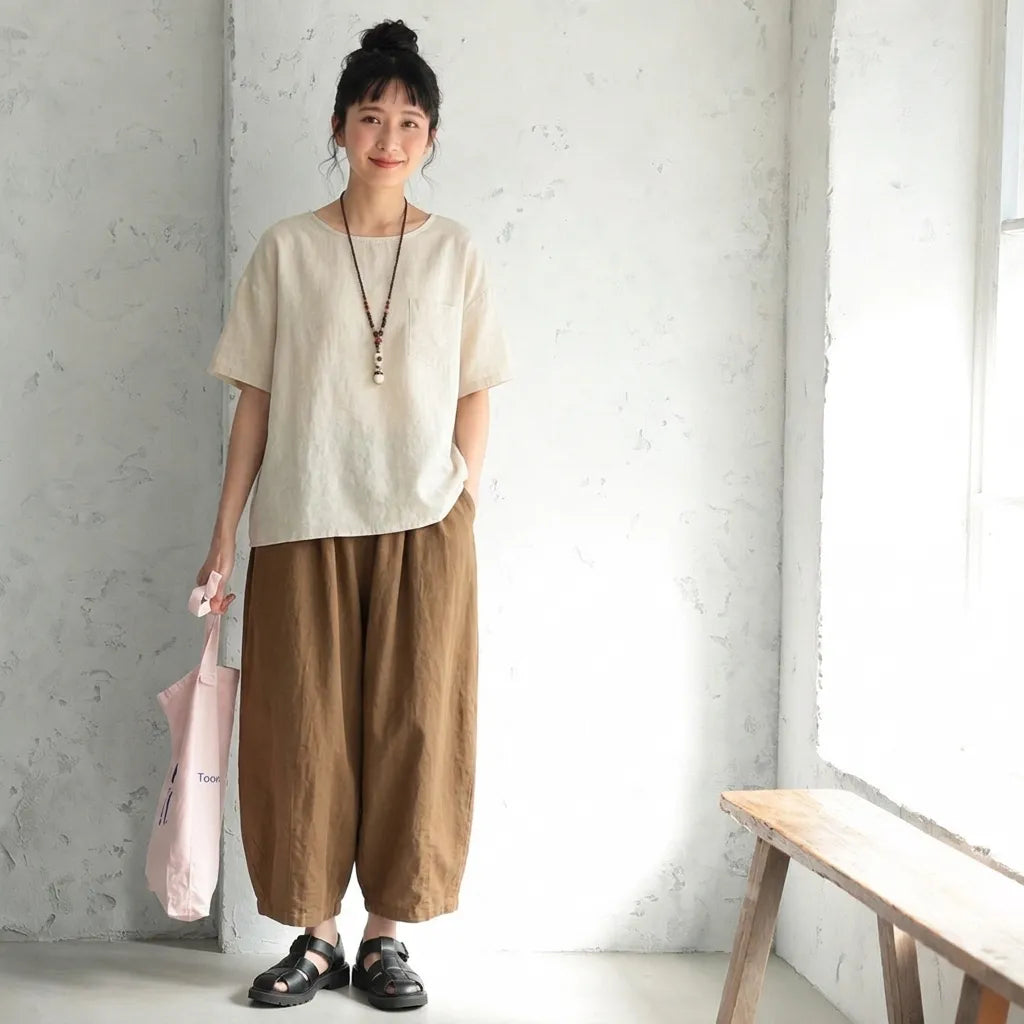 【2点セット】クルーネック綿麻半袖トップ×サルエルパンツ