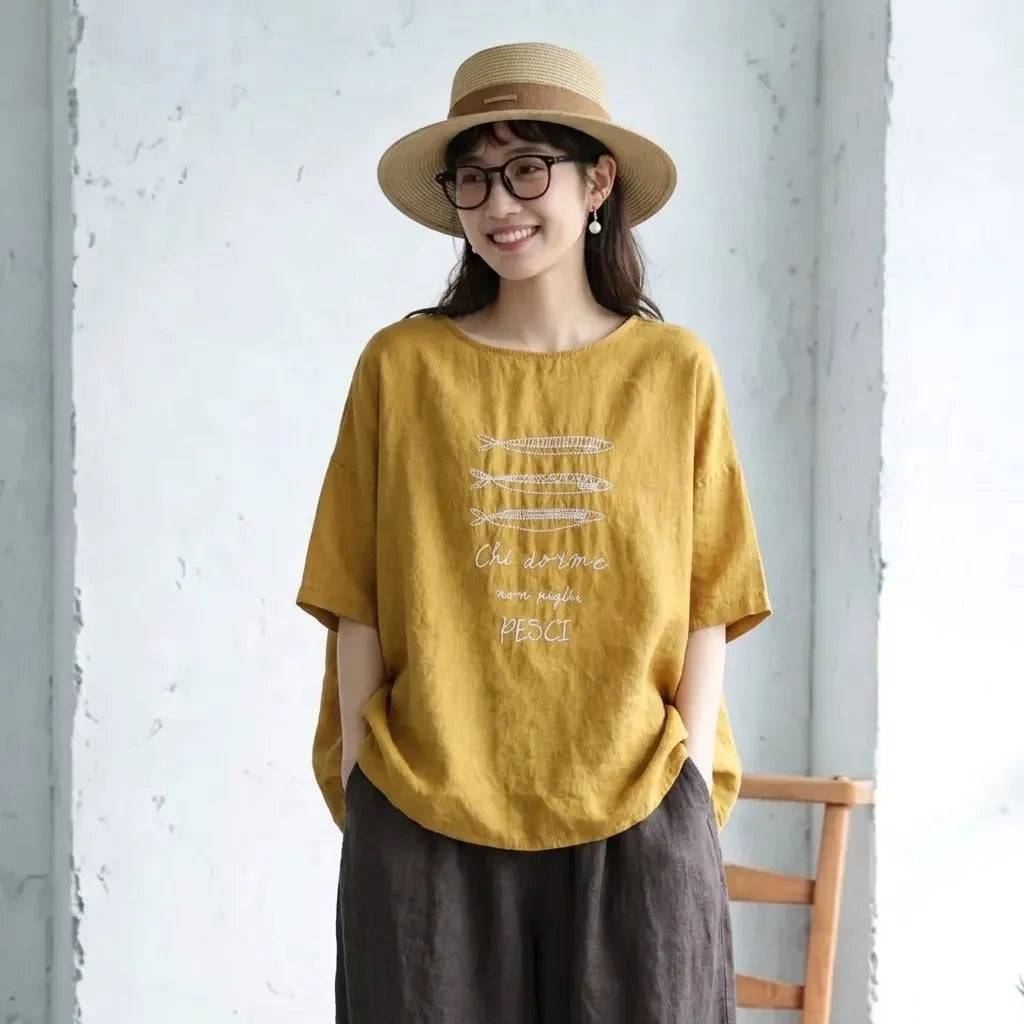 フリーサイズ リネン ラウンドネック プリント 半袖 レトロ Tシャツ