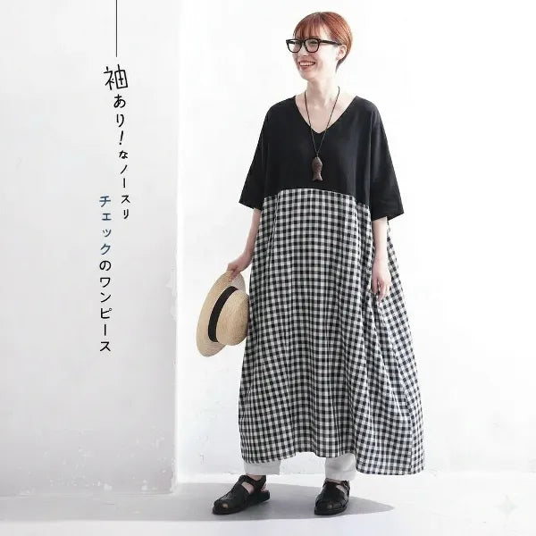 M-2XL リネン 夏でも涼しい 切り替え チェック柄 五分袖 お散歩に 半袖ワンピース
