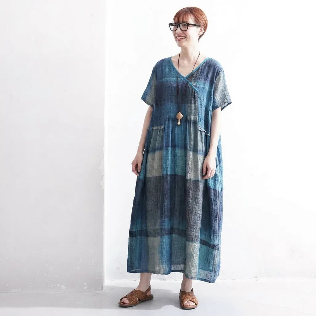 M-2XL 綿麻 配色 半袖 プリーツ 幾何模様 ファッション ワンピース
