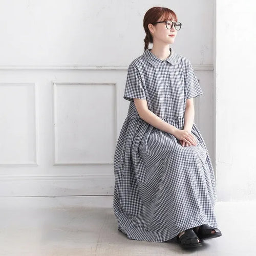 M-2XL 綿麻 POLOネック チェック柄 | デイリー ワンピース