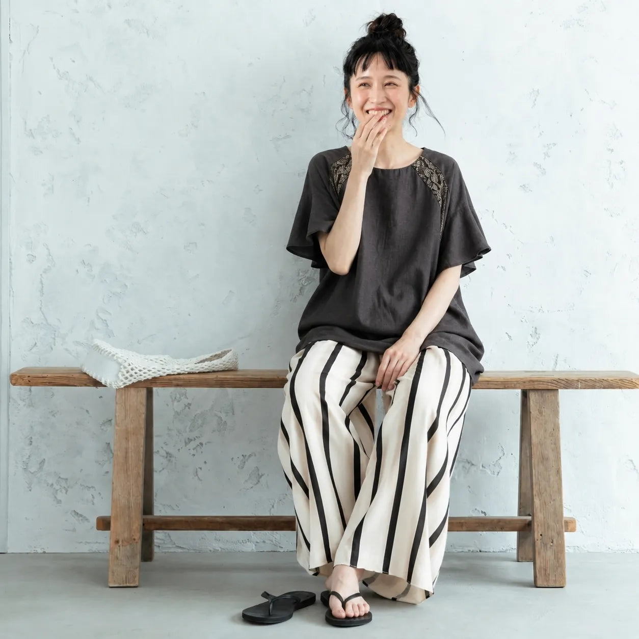【単品注文】刺繍5分袖Tシャツ×ストライプストレートパンツ