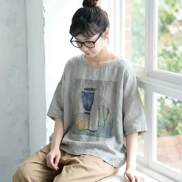M-3XL 綿麻 通気性良い プリント ラウンドネック レトロ Tシャツ