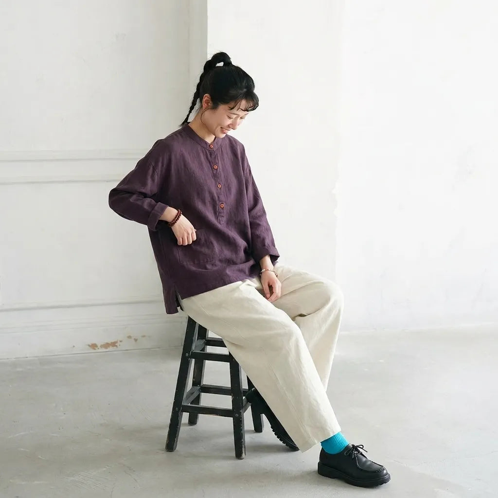 M~3XL レトロ コットン リネン 立襟 プルオーバー 長袖シャツ