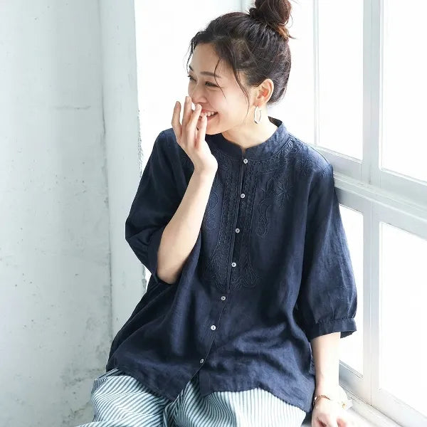 M-2XL 綿麻 ゆったり刺繍シャツ 柔らか肌触り 毎日使える