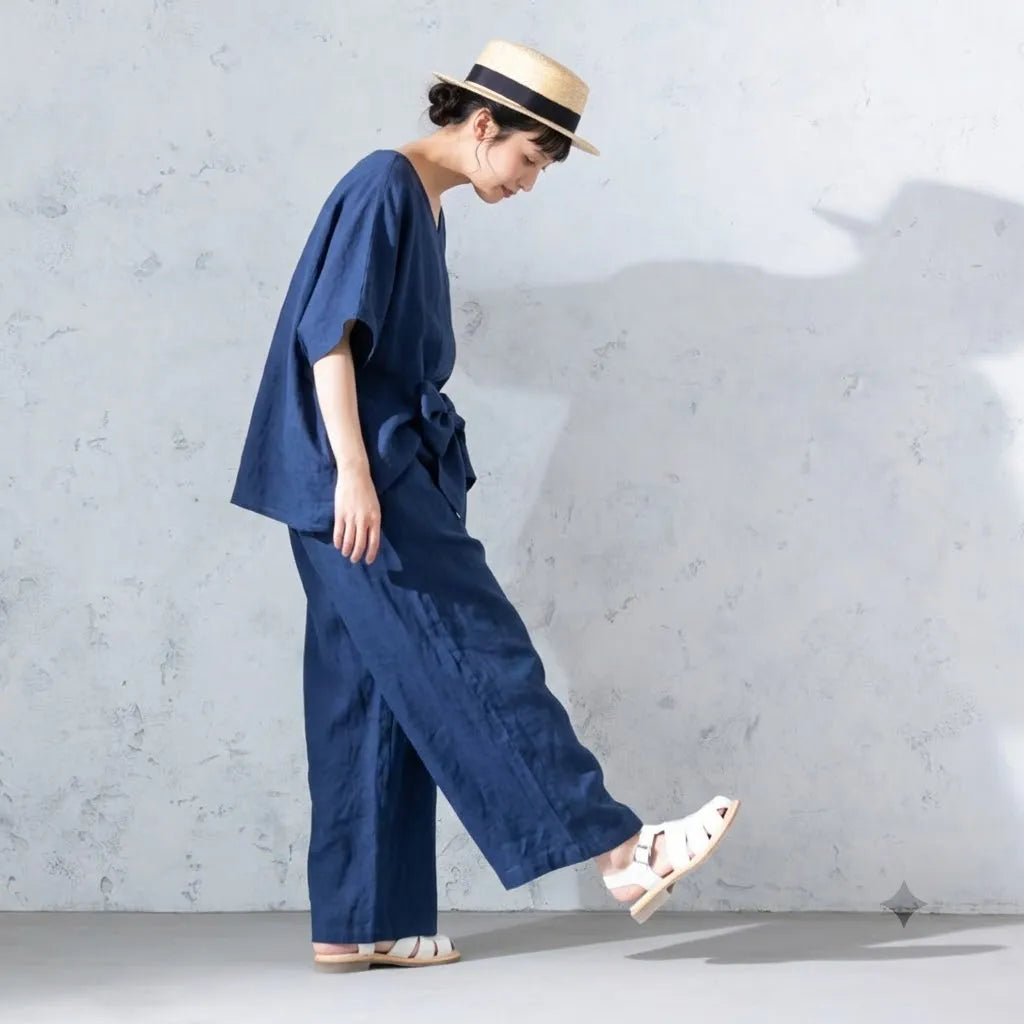 【2点セット】背スリットボタン V 半袖トップス リボンパンツ