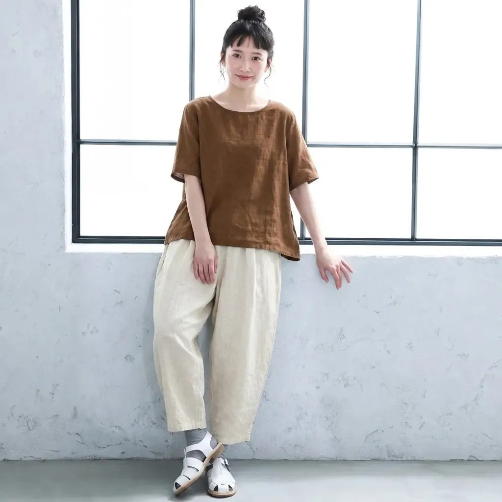 【2点セット】クルーネック綿麻半袖トップ×サルエルパンツ