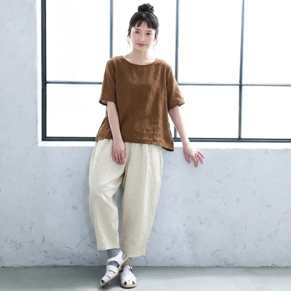 【2点セット】クルーネック綿麻半袖トップ×サルエルパンツ