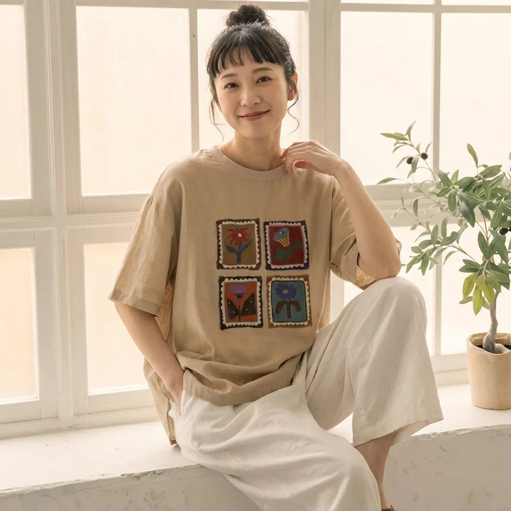 ルーズな雰囲気細見え半袖プルオーバーTシャツ