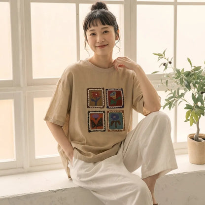 ルーズな雰囲気細見え半袖プルオーバーTシャツ