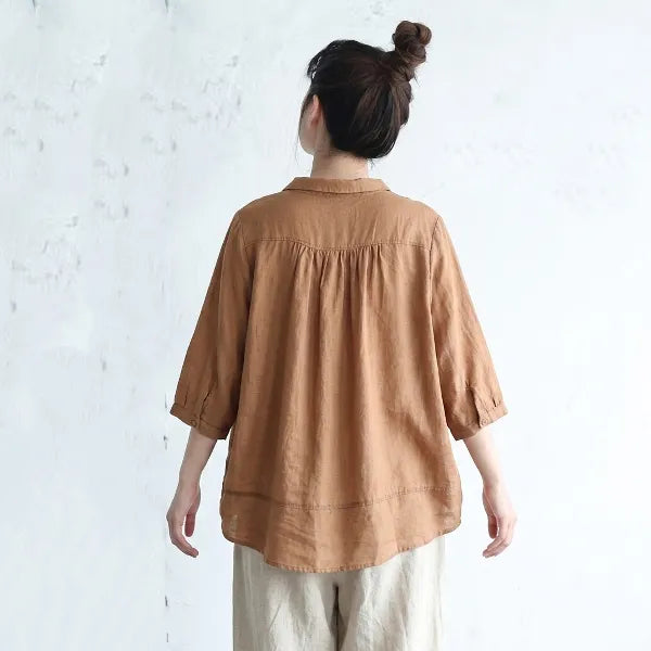 M-2XL 綿麻 柔らかい肌触り 無地 ボタン 七分袖 シャツ