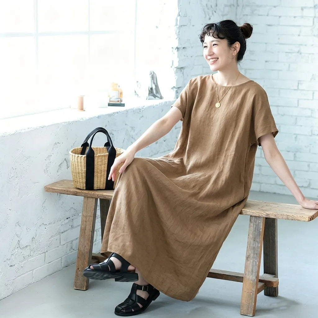 M-XL 脇ポケットリネン ロングワンピース ナチュラル