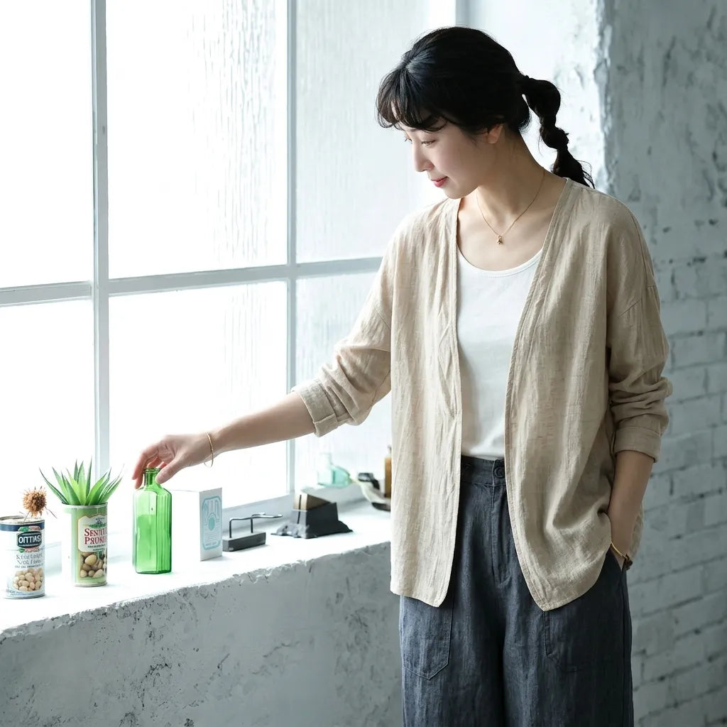 M-3XL 綿麻 通気性良い UVカット 肌触り柔らかい Vネック 日焼け止め服