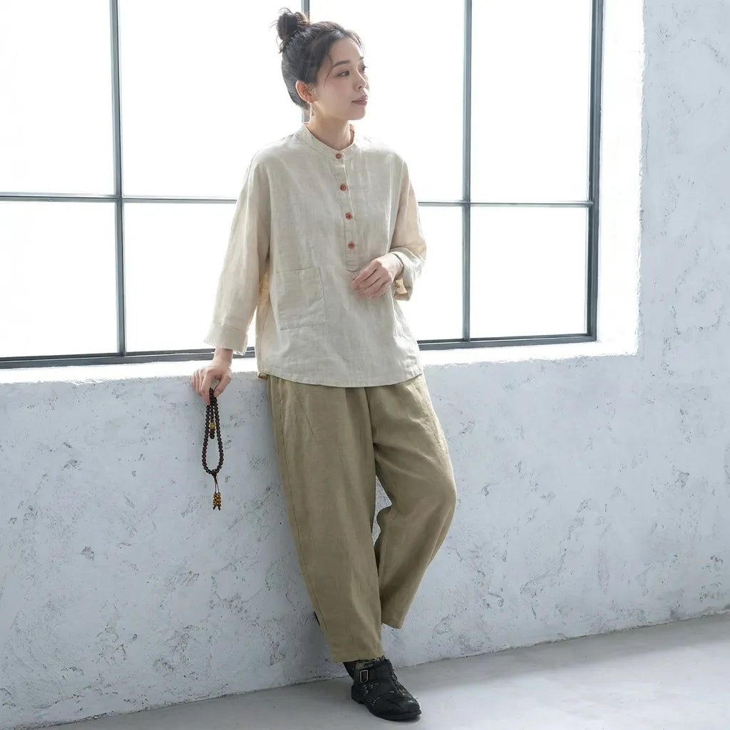M~3XL レトロ コットン リネン 立襟 プルオーバー 長袖シャツ