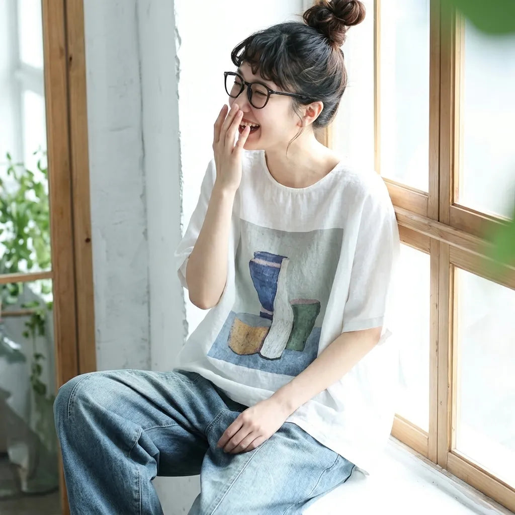 M-3XL 綿麻 通気性良い プリント ラウンドネック レトロ Tシャツ