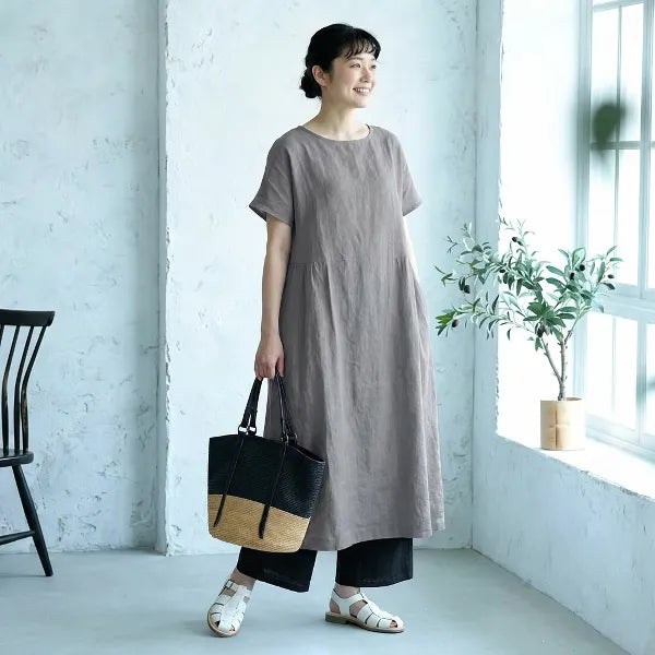 M-4XL 綿麻 無地 半袖 Aライン プリーツ カジュアル 半袖 中長 ワンピース
