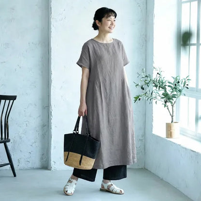 M-4XL 綿麻 無地 半袖 Aライン プリーツ カジュアル 半袖 中長 ワンピース