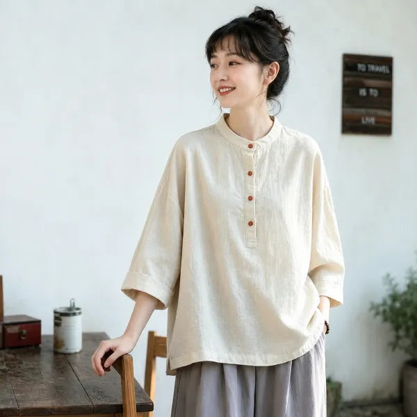 M~3XL レトロ コットン リネン 立襟 プルオーバー 長袖シャツ