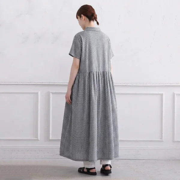 M-2XL 綿麻 POLOネック チェック柄 | デイリー ワンピース