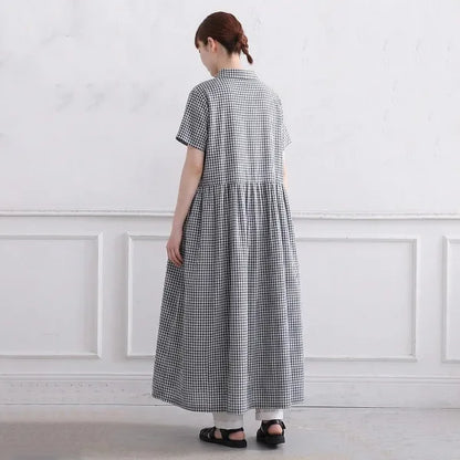 M-2XL 綿麻 POLOネック チェック柄 | デイリー ワンピース