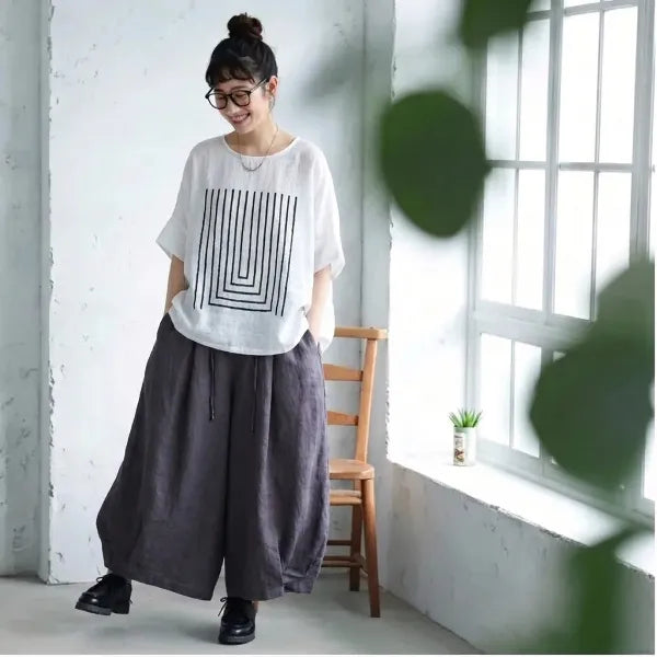 M-2XL ダブルガーゼ ラウンドネック 半袖 プリント ノーマルスリーブ 森ガール Tシャツ