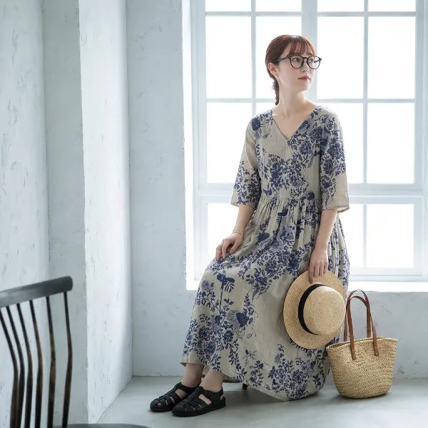 M~2XL ラミー Vネック プリント 七分袖 脚長効果 デイリー ワンピース