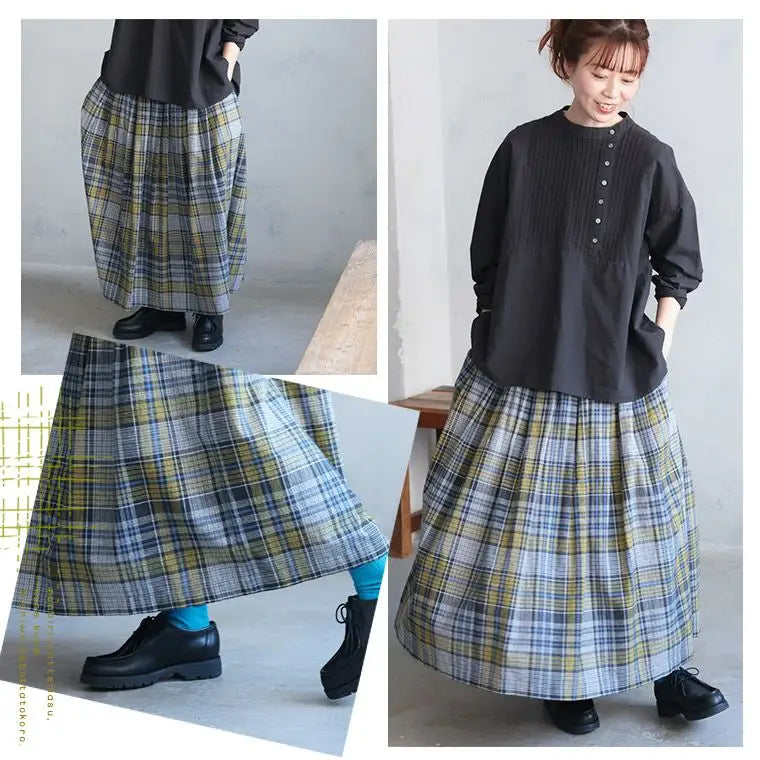 コットンのゆったりイエロー × グレーチェック ギャザー入り 森系 スカート