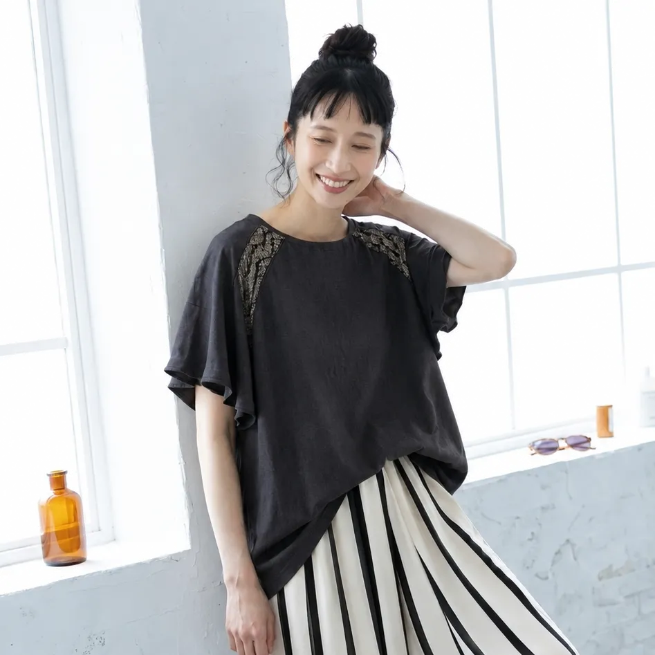 【単品注文】刺繍5分袖Tシャツ×ストライプストレートパンツ