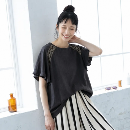 【単品注文】刺繍5分袖Tシャツ×ストライプストレートパンツ