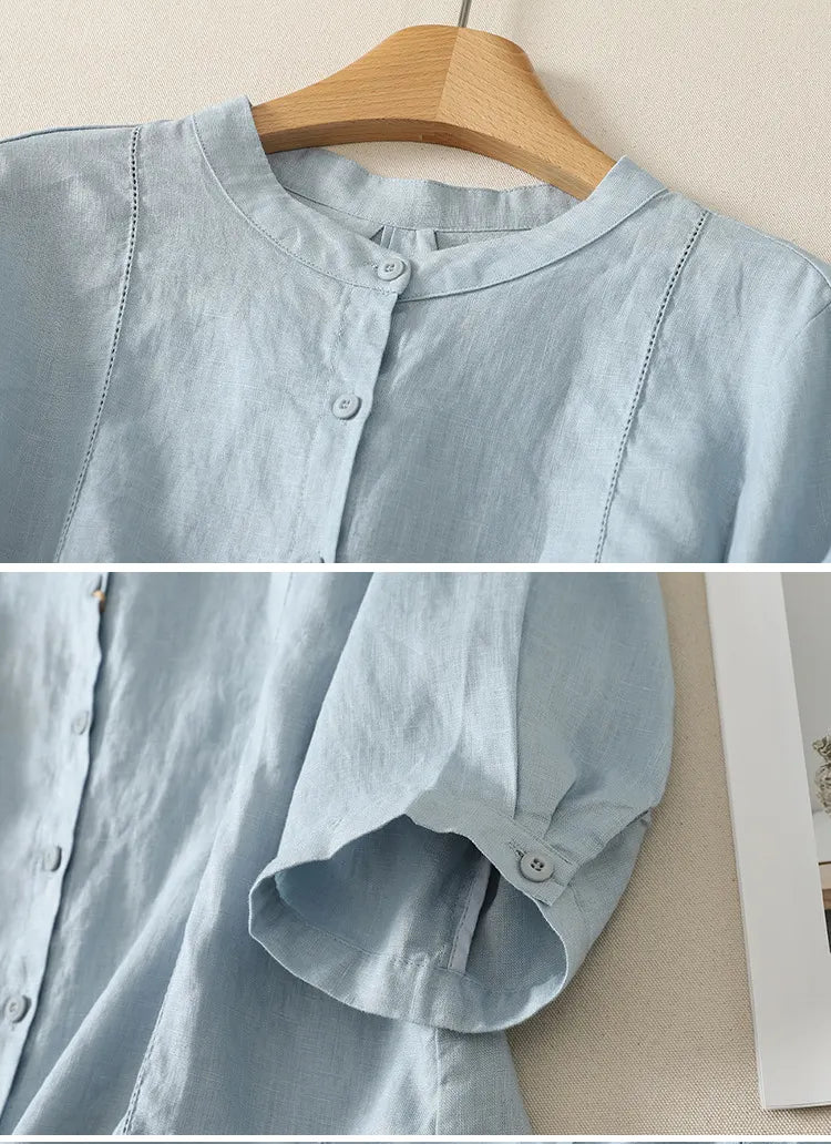 M-2XL ナチュラル 刺繍 レトロ 綿麻 立襟 五分袖 無地 シャツ