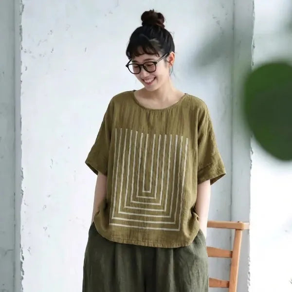 M-2XL ダブルガーゼ ラウンドネック 半袖 プリント ノーマルスリーブ 森ガール Tシャツ