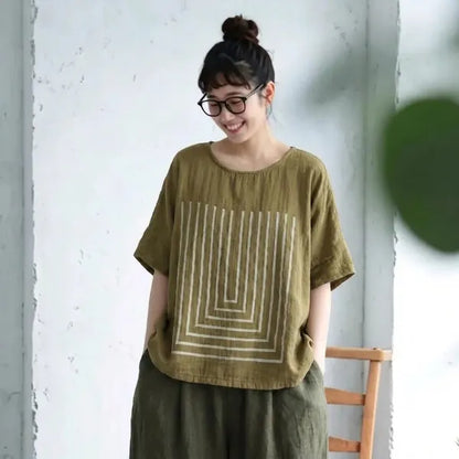 M-2XL ダブルガーゼ ラウンドネック 半袖 プリント ノーマルスリーブ 森ガール Tシャツ