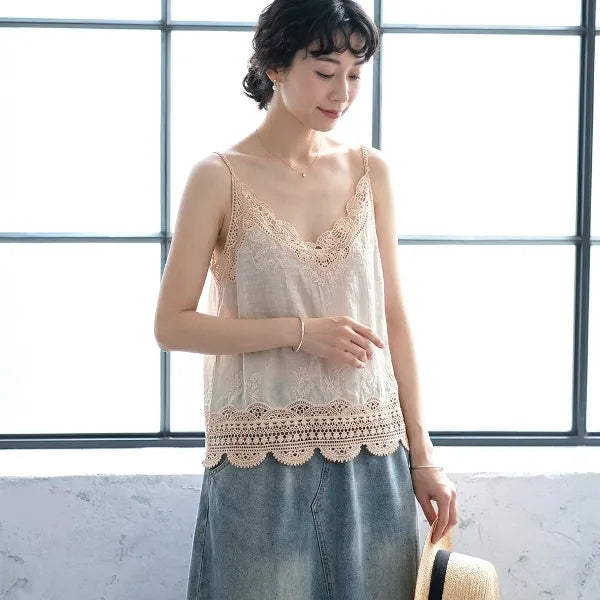 M-2XL 綿麻 レース 透かし彫り 刺繍 レトロ タンクトップ/キャミソール