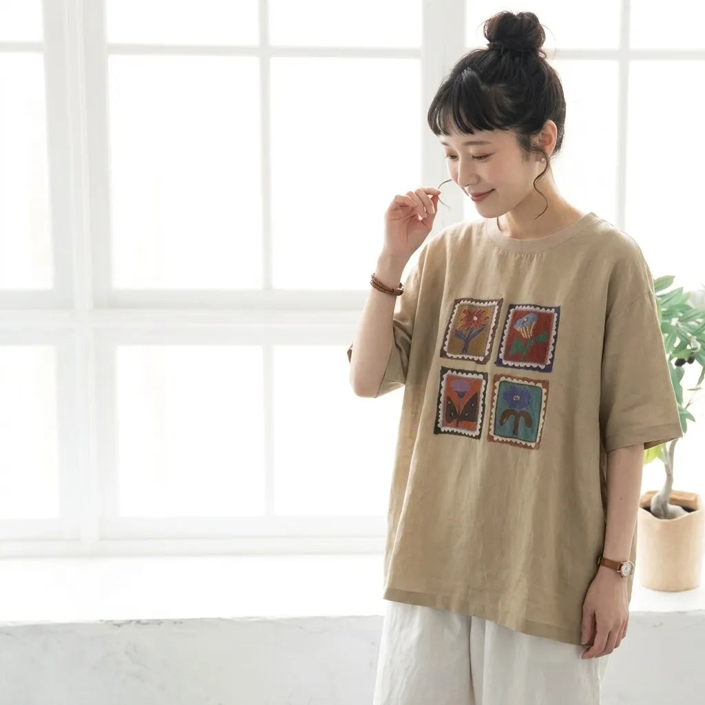 ルーズな雰囲気細見え半袖プルオーバーTシャツ