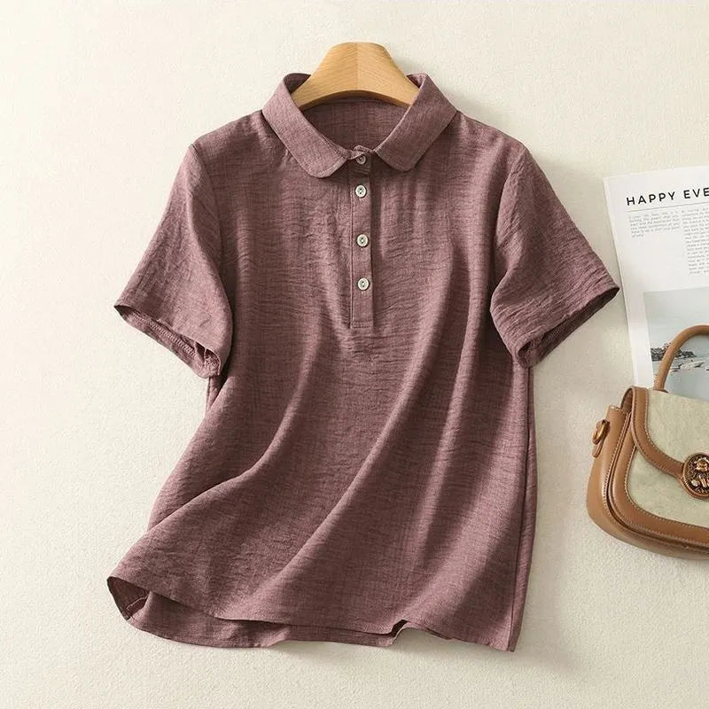 【Ｍ-2XL】リネン生地 綿麻 POLOネック ボタン半開き | 通勤 シャツ