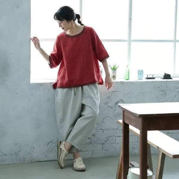 M-3XL 綿麻 ナチュラル 肌触り柔らかい 五分袖 刺繍 無地 毎日使える Tシャツ