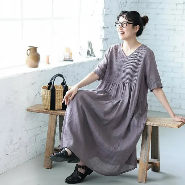 【リネン】M-2XL 袖あり！Vネック 五分袖 Aライン なみなみタック 着心地が良い ワンピース