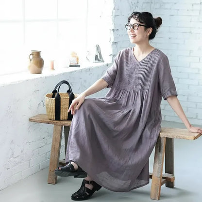 【リネン】M-2XL 袖あり！Vネック 五分袖 Aライン なみなみタック 着心地が良い ワンピース