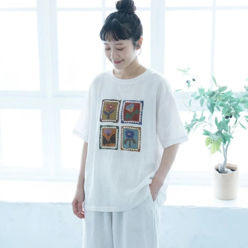ルーズな雰囲気細見え半袖プルオーバーTシャツ