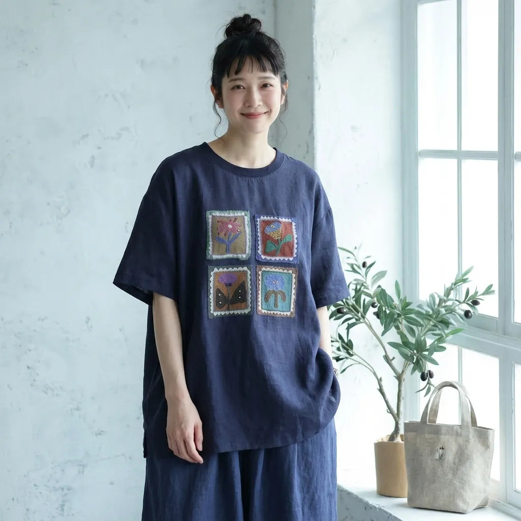ルーズな雰囲気細見え半袖プルオーバーTシャツ