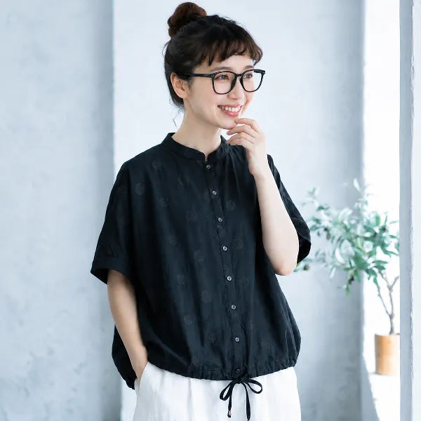 S-L ドット柄丸首半袖ブラウス＆リネン混ストレートパンツ 2点セット ゆったり ナチュラル