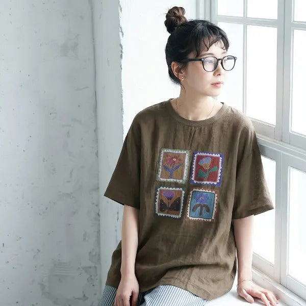 M-2XL 花模様 プリント ノーマルスリーブ 半袖 ラウンドネック カジュアル Tシャツ