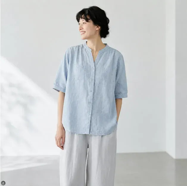 【綿麻】ゆったり シングルボタン 体型カバー 大人カジュアル レディース 半袖Tシャツ