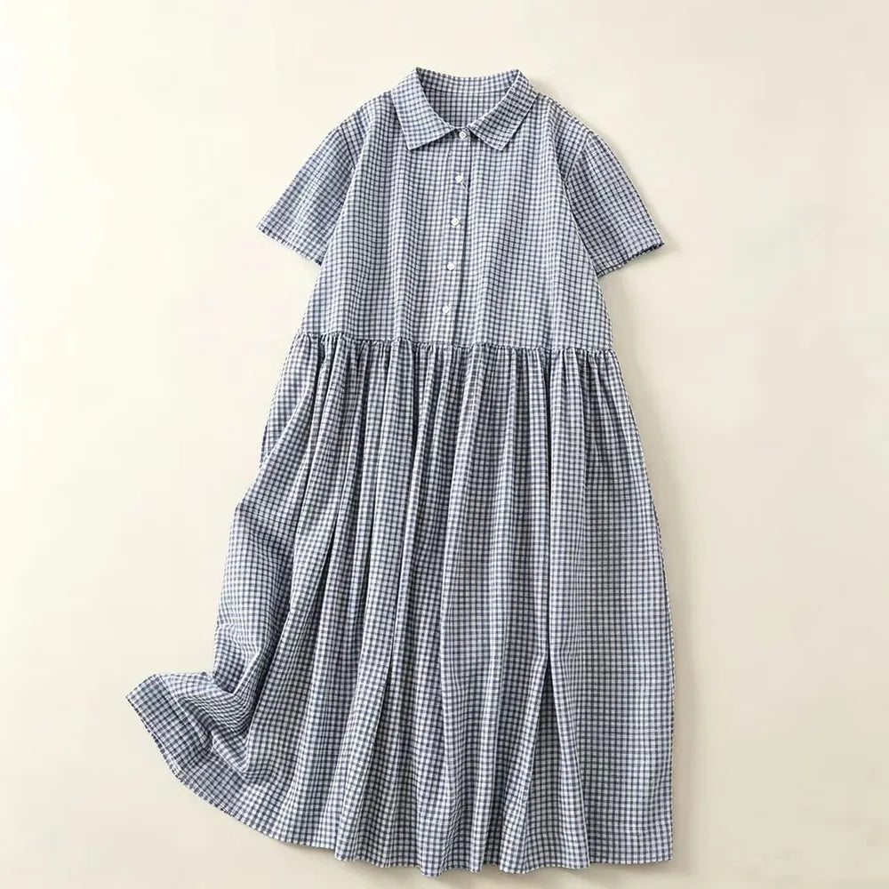 M-2XL 綿麻 POLOネック チェック柄 | デイリー ワンピース