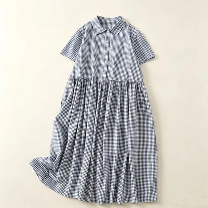 M-2XL 綿麻 POLOネック チェック柄 | デイリー ワンピース